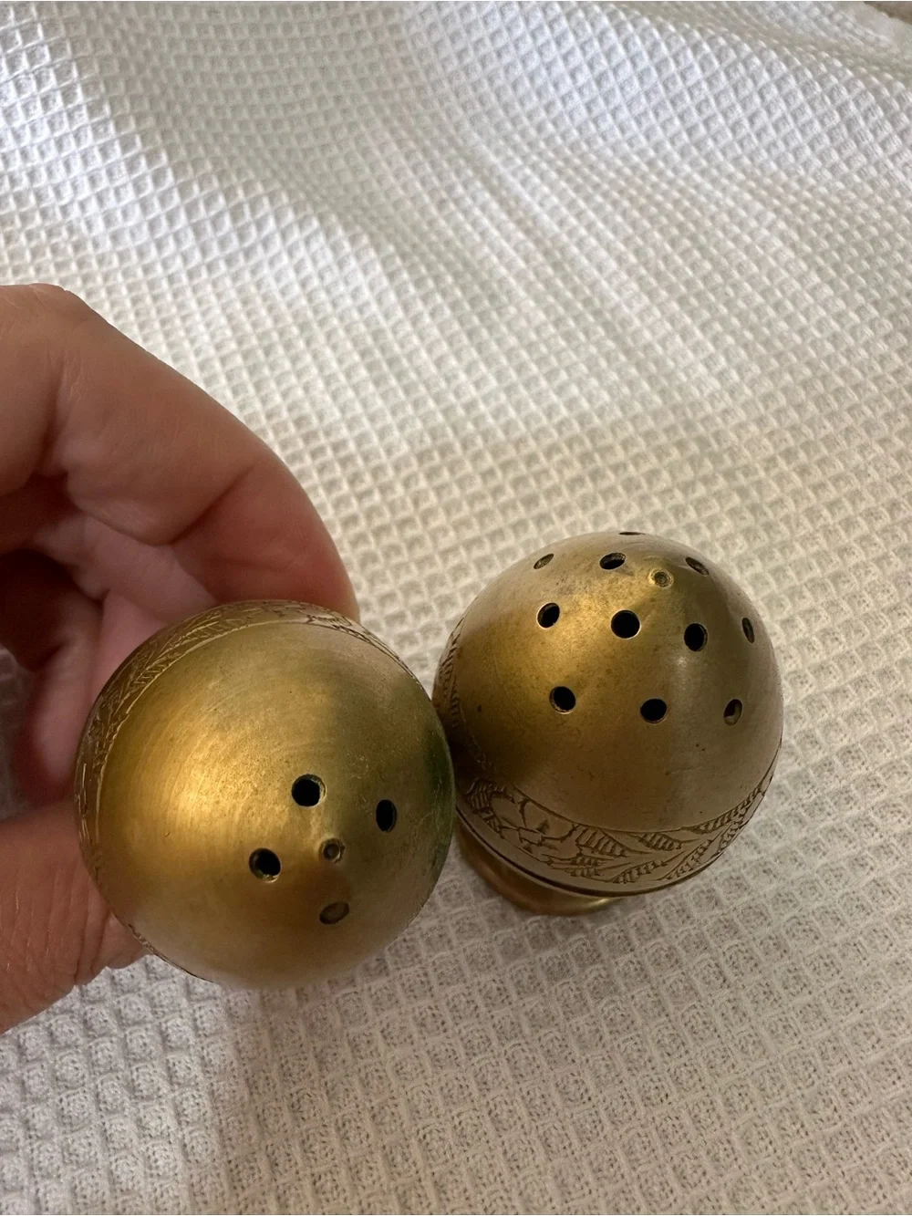 Vintage Hand-Etched Brass Egg Shaker Set - Peshawar Pakistan - Ganibeg Signed
